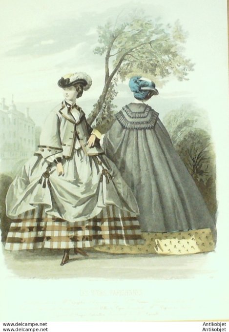 Gravure Les Modes Parisiennes 1860 # 911 Robes fil d'Ecosse Maison Gagelin