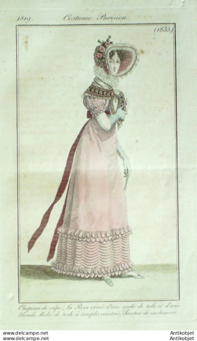 Gravure de mode Costume Parisien 1819 n°1835 Robe de toile à remplis cintrés