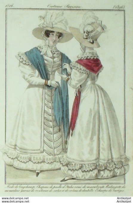 Gravure de mode Costume Parisien 1826 n°2396 Redingote de mousseline