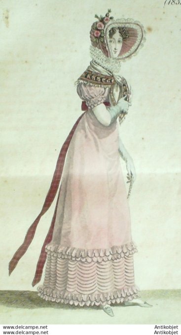 Gravure de mode Costume Parisien 1819 n°1835 Robe de toile à remplis cintrés