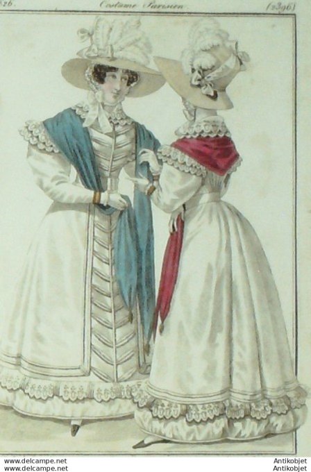 Gravure de mode Costume Parisien 1826 n°2396 Redingote de mousseline