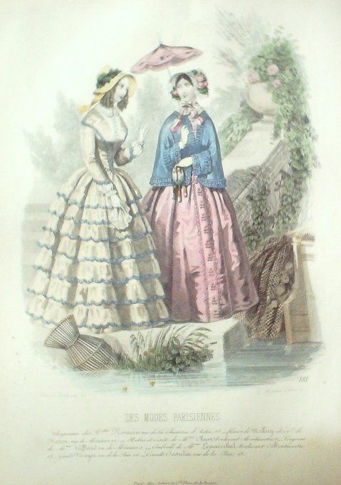 Gravure Les Modes Parisiennes 1846 # 181 Robes de visite Maison Olmer