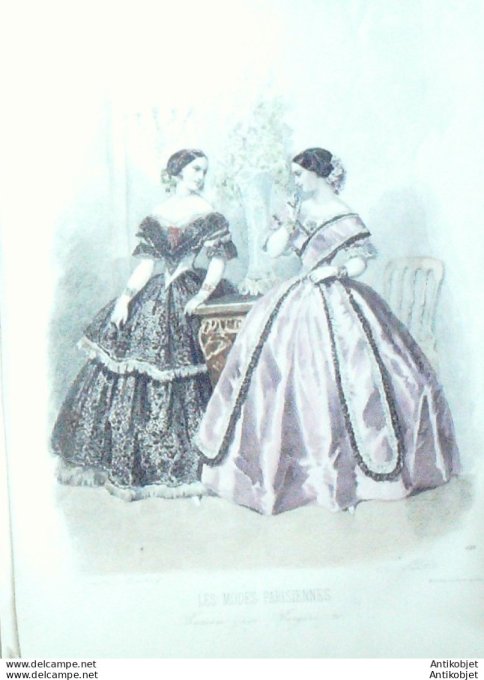 Gravure Les Modes Parisiennes 1851 # 618 Robe en piqué et tissu garni