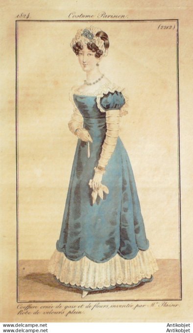 Gravure de mode Costume Parisien 1824 n°2212 Robe velours & gaze
