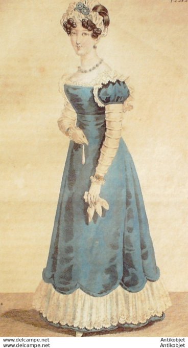 Gravure de mode Costume Parisien 1824 n°2212 Robe velours & gaze
