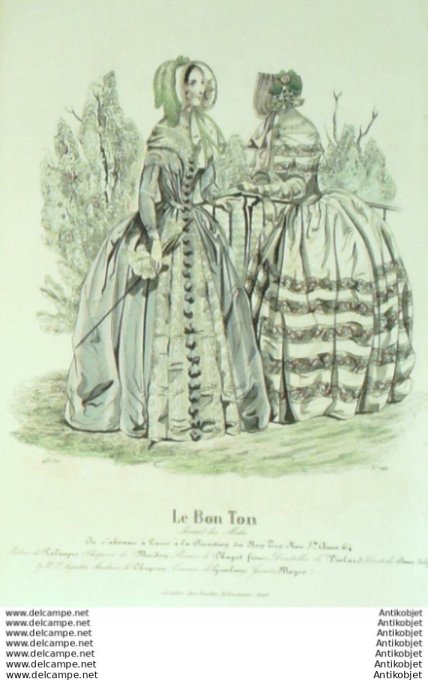 Gravure Mode Le Bon Ton 1843 # 766 (aquarelle old fashion plate)