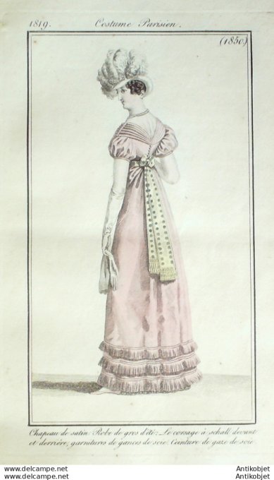 Gravure de mode Costume Parisien 1819 n°1850 Corsage à shall garnitures de soie
