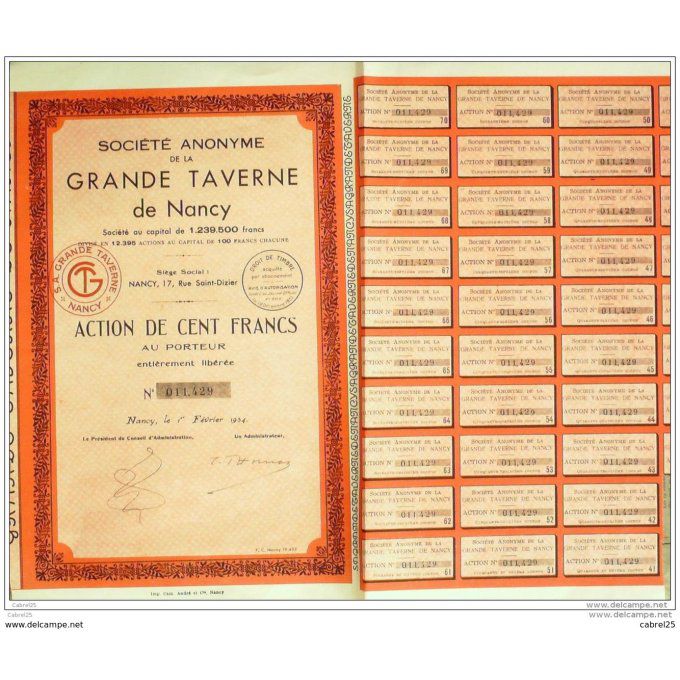 GRANDE TAVERNE de NANCY (54)-ACTION-100 Frs-1934