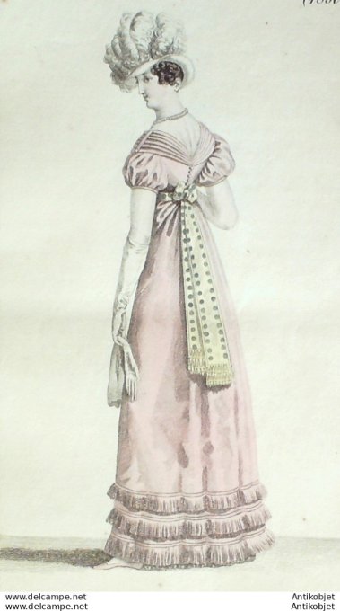 Gravure de mode Costume Parisien 1819 n°1850 Corsage à shall garnitures de soie