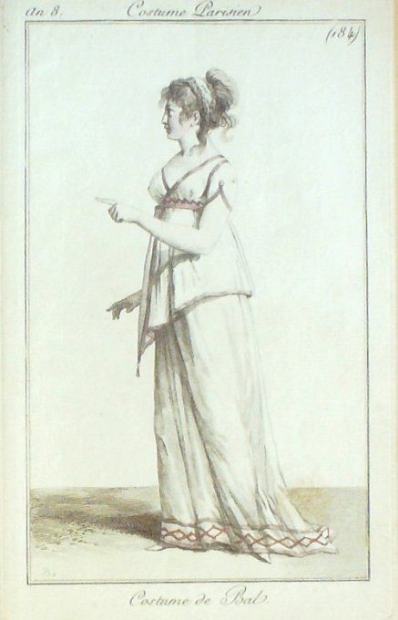Gravure Mode Costume Parisien 1799 an  8 # 184 (eau forte old Fashion plate