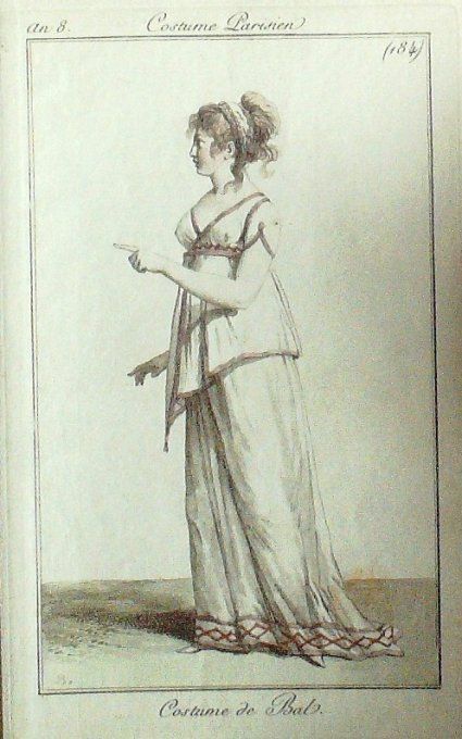 Gravure Mode Costume Parisien 1799 an  8 # 184 (eau forte old Fashion plate