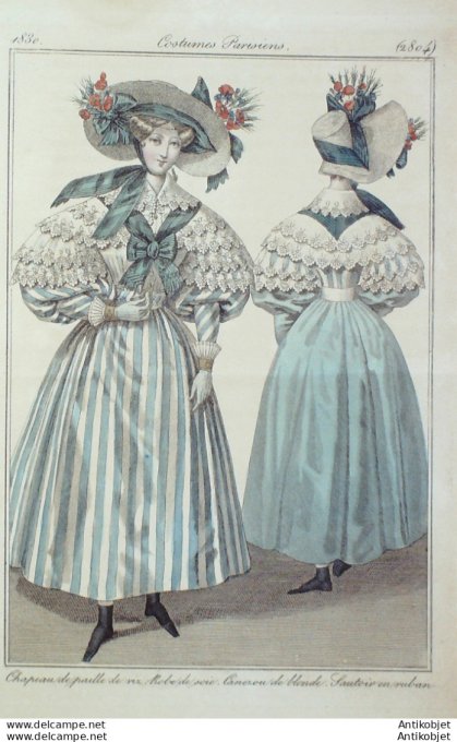 Gravure de mode Costume Parisien 1830 n°2804 Canezou de blonde sautoir en ruban