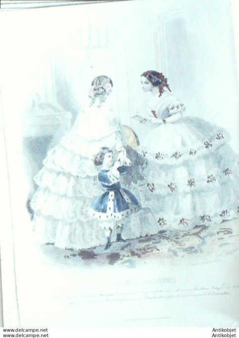 Gravure Les Modes Parisiennes 1851 # 671 Robes de cérémonie Maison Minette