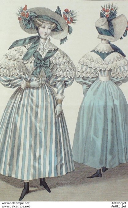 Gravure de mode Costume Parisien 1830 n°2804 Canezou de blonde sautoir en ruban