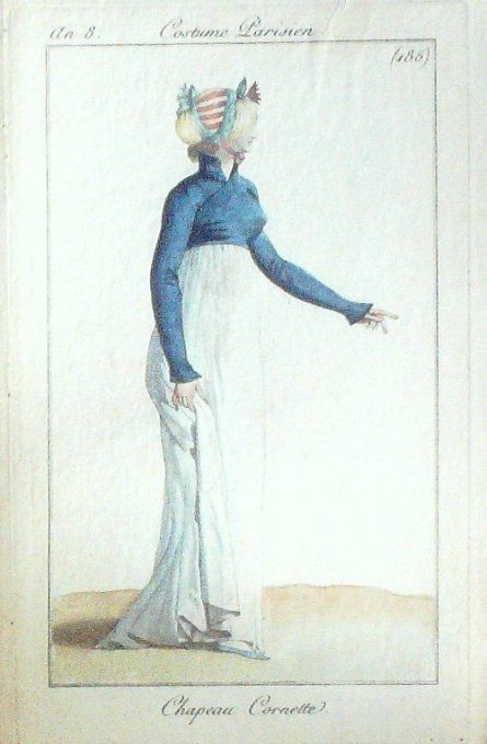 Gravure Mode Costume Parisien 1799 an  8 # 185 (eau forte old Fashion plate