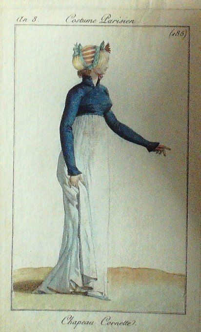 Gravure Mode Costume Parisien 1799 an  8 # 185 (eau forte old Fashion plate