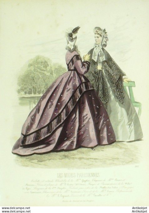 Gravure Les Modes Parisiennes 1863 #1102 Robe satinée Maison Cagelin