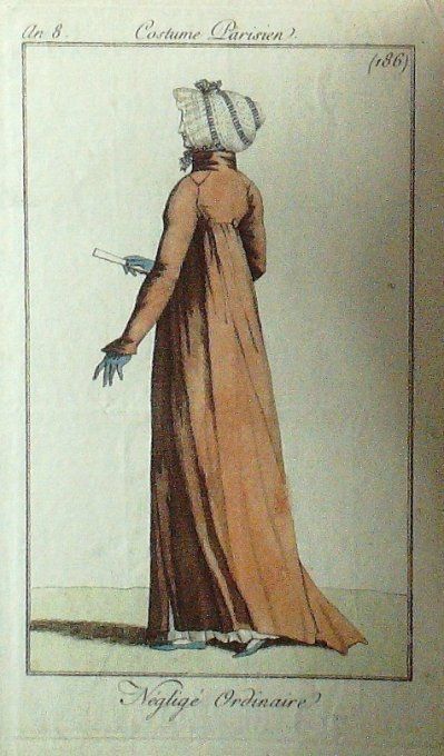 Gravure Mode Costume Parisien 1799 an  8 # 186 (eau forte old Fashion plate