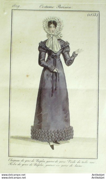 Gravure de mode Costume Parisien 1819 n°1853 Robe de gros de Naples garnie de laine