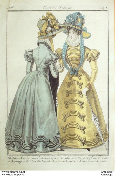 Gravure de mode Costume Parisien 1826 n°2398 Redingote gros d'été et satin et lilas