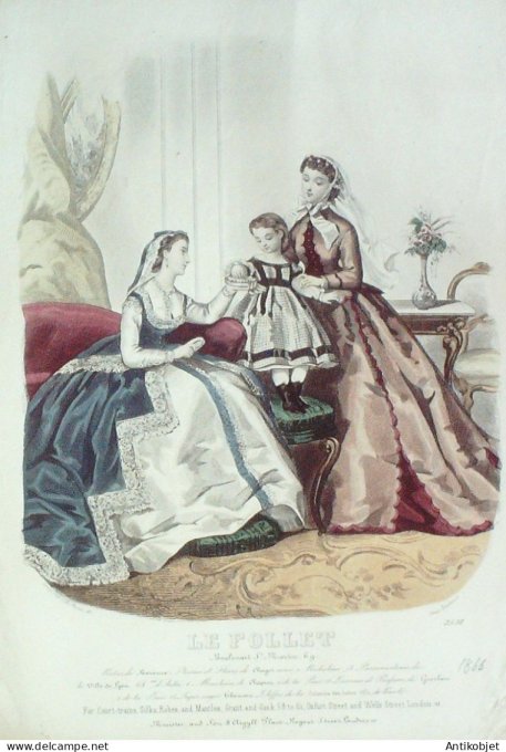 Gravure Mode Le Follet 1867 # 2538 (aquarelle Old Fashion plate)