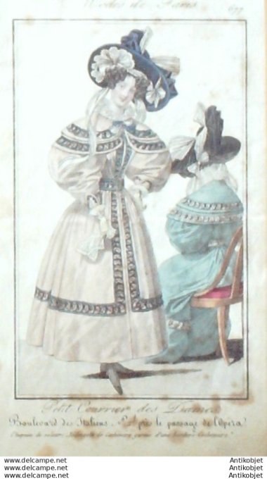 Gravure Mode Courrier des Dames 1828 #  677 (eau forte old Fashion plate)