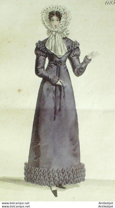 Gravure de mode Costume Parisien 1819 n°1853 Robe de gros de Naples garnie de laine