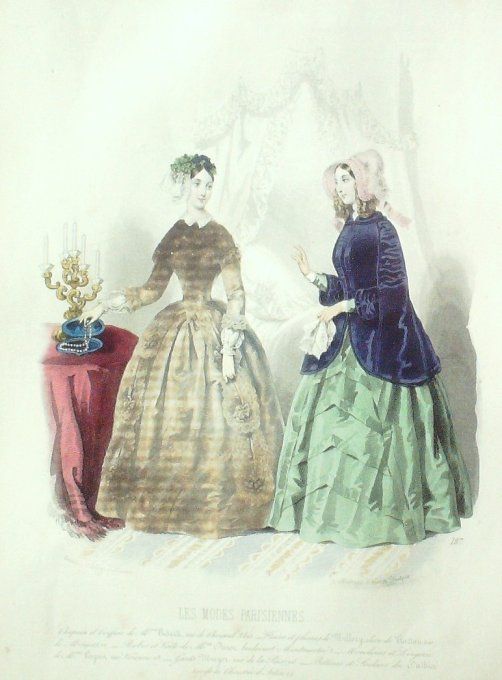 Gravure Les Modes Parisiennes 1846 # 187 Robes velours Maison Olmer