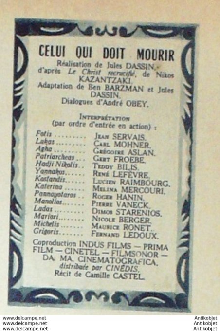 Celui qui doit mourir Maurice Ronet Melina Mercouri + Film