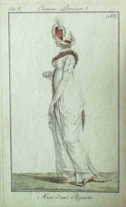 Gravure Mode Costume Parisien 1799 an  8 # 188 (eau forte old Fashion plate