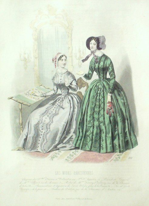 Gravure Les Modes Parisiennes 1846 # 188 Robes velours Maison Fanny