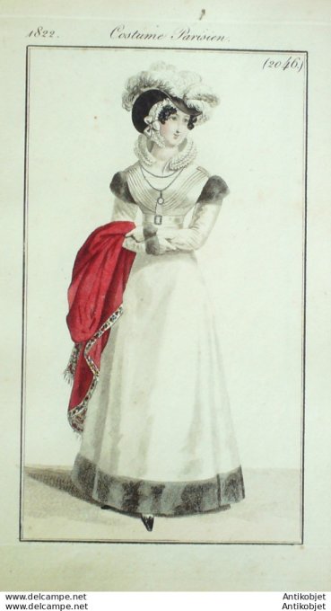 Gravure de mode Costume Parisien 1822 n°2046 Robe Mérinos garnie de chinchilla