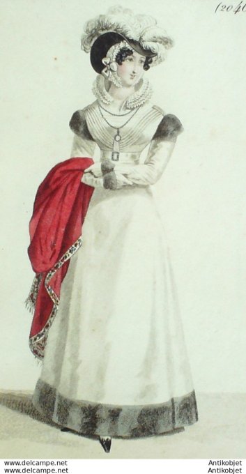 Gravure de mode Costume Parisien 1822 n°2046 Robe Mérinos garnie de chinchilla