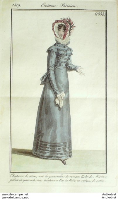 Gravure de mode Costume Parisien 1819 n°1854 Robe de mérinos garnie de gances