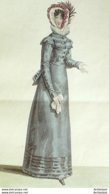 Gravure de mode Costume Parisien 1819 n°1854 Robe de mérinos garnie de gances