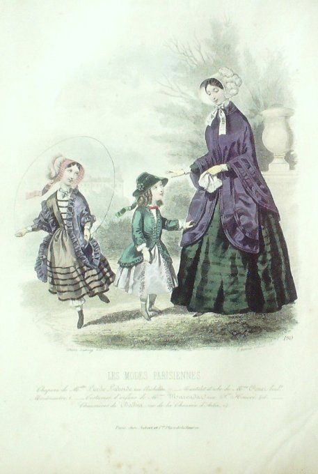 Gravure Les Modes Parisiennes 1846 # 190 Costumes enfants Maison Marendaz