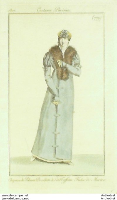 Gravure de mode Costume Parisien 1807 n° 779 Fichu de martre