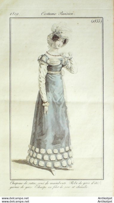 Gravure de mode Costume Parisien 1819 n°1855 Robe de gros d'été garnie de gaze