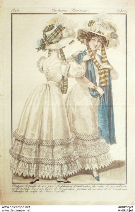 Gravure de mode Costume Parisien 1826 n°2400 Robe mousseline ruches broderies