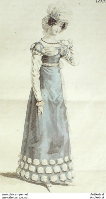 Gravure de mode Costume Parisien 1819 n°1855 Robe de gros d'été garnie de gaze