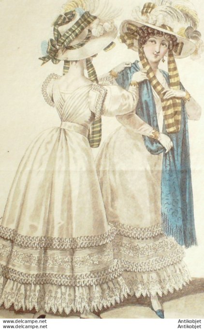 Gravure de mode Costume Parisien 1826 n°2400 Robe mousseline ruches broderies