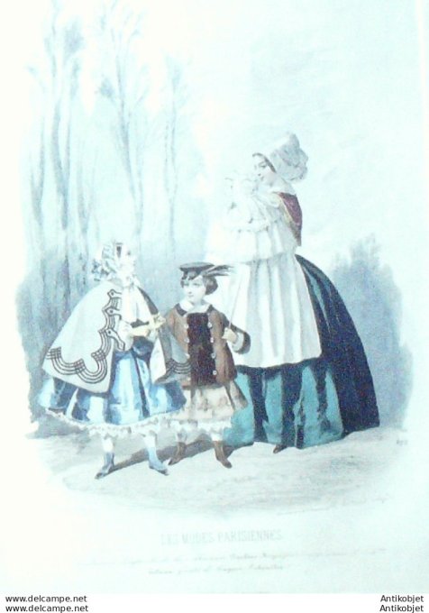 Gravure Les Modes Parisiennes 1851 # 672 Costumes enfants Maison Royer