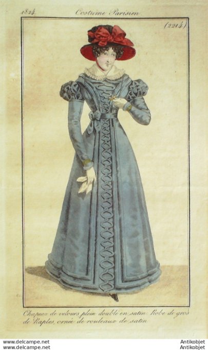 Gravure de mode Costume Parisien 1824 n°2214 Robe gros de Naples rouleaux de satin