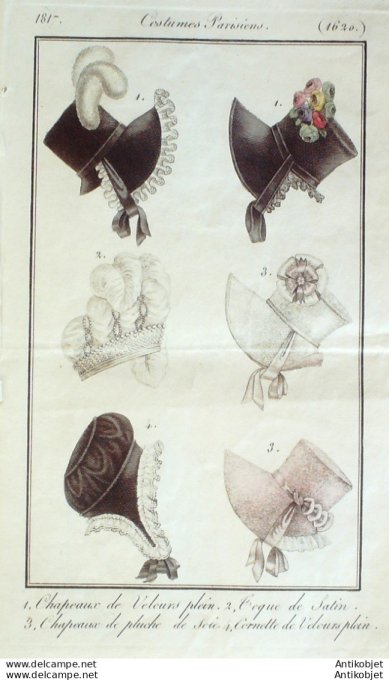 Gravure de mode Costume Parisien 1817 n°1620 Cornette de velours plein