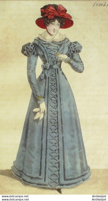 Gravure de mode Costume Parisien 1824 n°2214 Robe gros de Naples rouleaux de satin