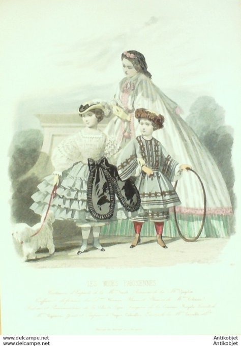 Gravure Les Modes Parisiennes 1860 # 915 Costumes enfants Maison Jacob Chien