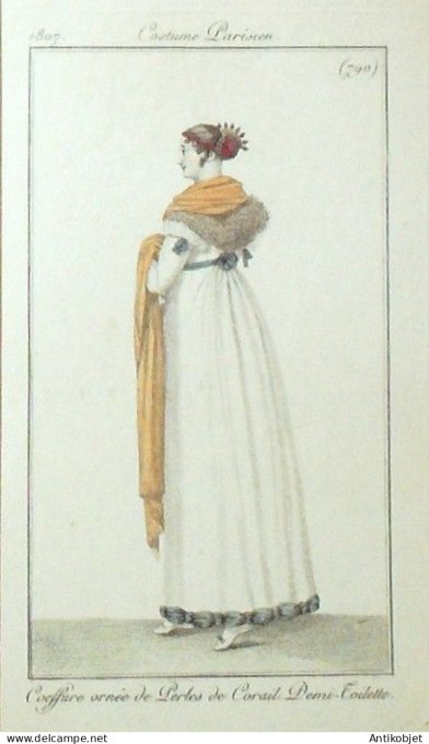 Gravure de mode Costume Parisien 1807 n° 790 Demi toilette Perles de Corail