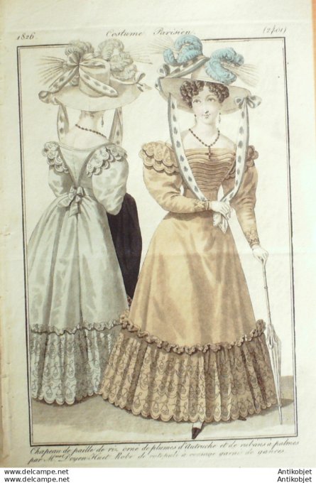 Gravure de mode Costume Parisien 1826 n°2401 Robe cotepali corsage garni de gances