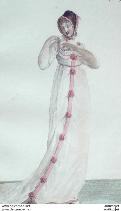 Gravure de mode Costume Parisien 1802 n° 401 (An 10) Chapeau de paille noire & fichu