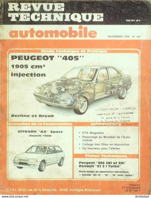 Revue Tech. Automobile 1988 n°497 Peugeot 405 Citroen AX Peugeot 405